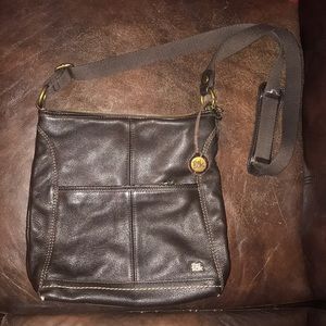 Brown leather messenger SAK purse